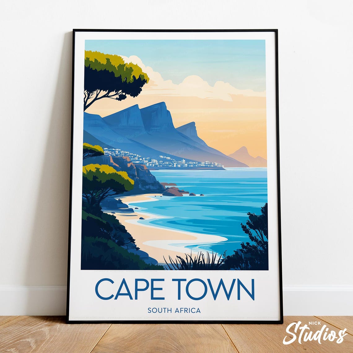 Cape Town South Africa Ocean Beach Mountains Retro Travel Print