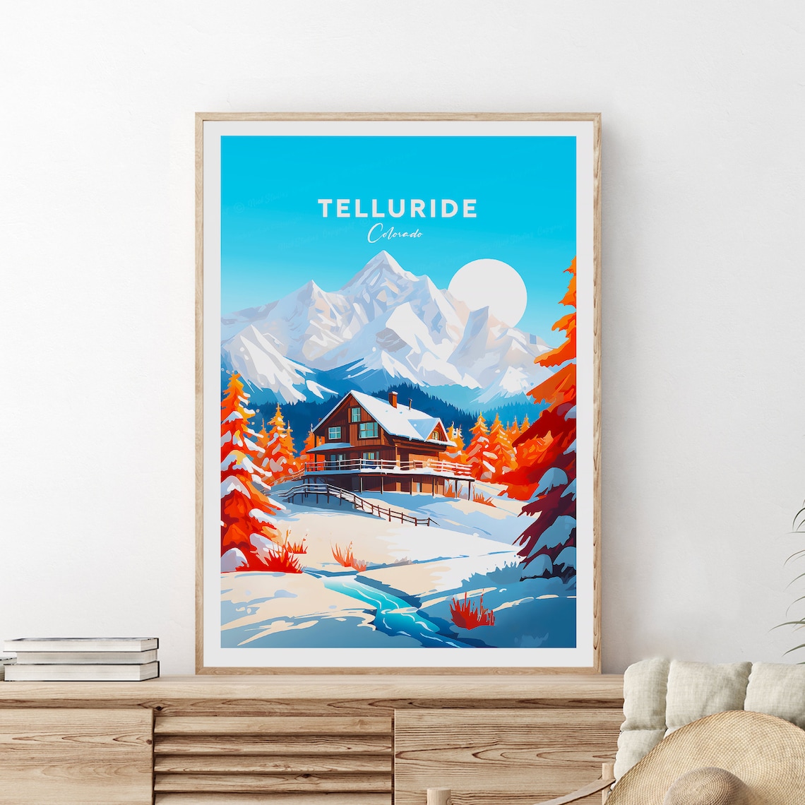 Telluride Colorado Winter Cabin Under Snowy Peaks Travel Poster - Image 2