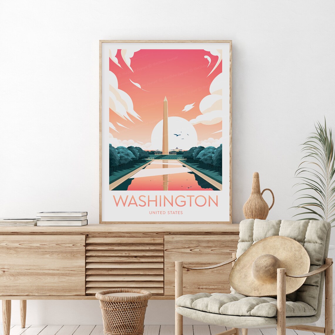 Washington DC Monument Reflecting Pool Sunset Glow Travel Poster