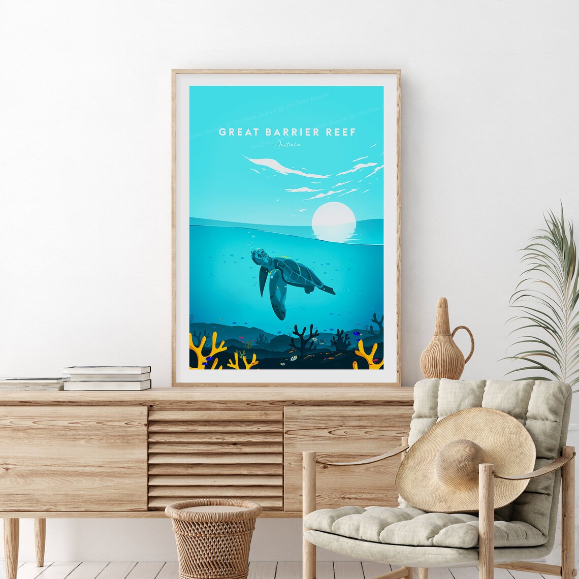 Great Barrier Reef Sea Turtle Coral Underwater Travel Poster
