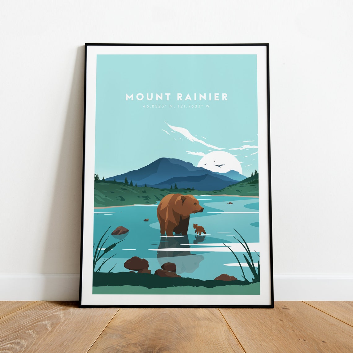 Mount Rainier Washington Bear and Cub Wading a Glacial Lake Poster - Image 2