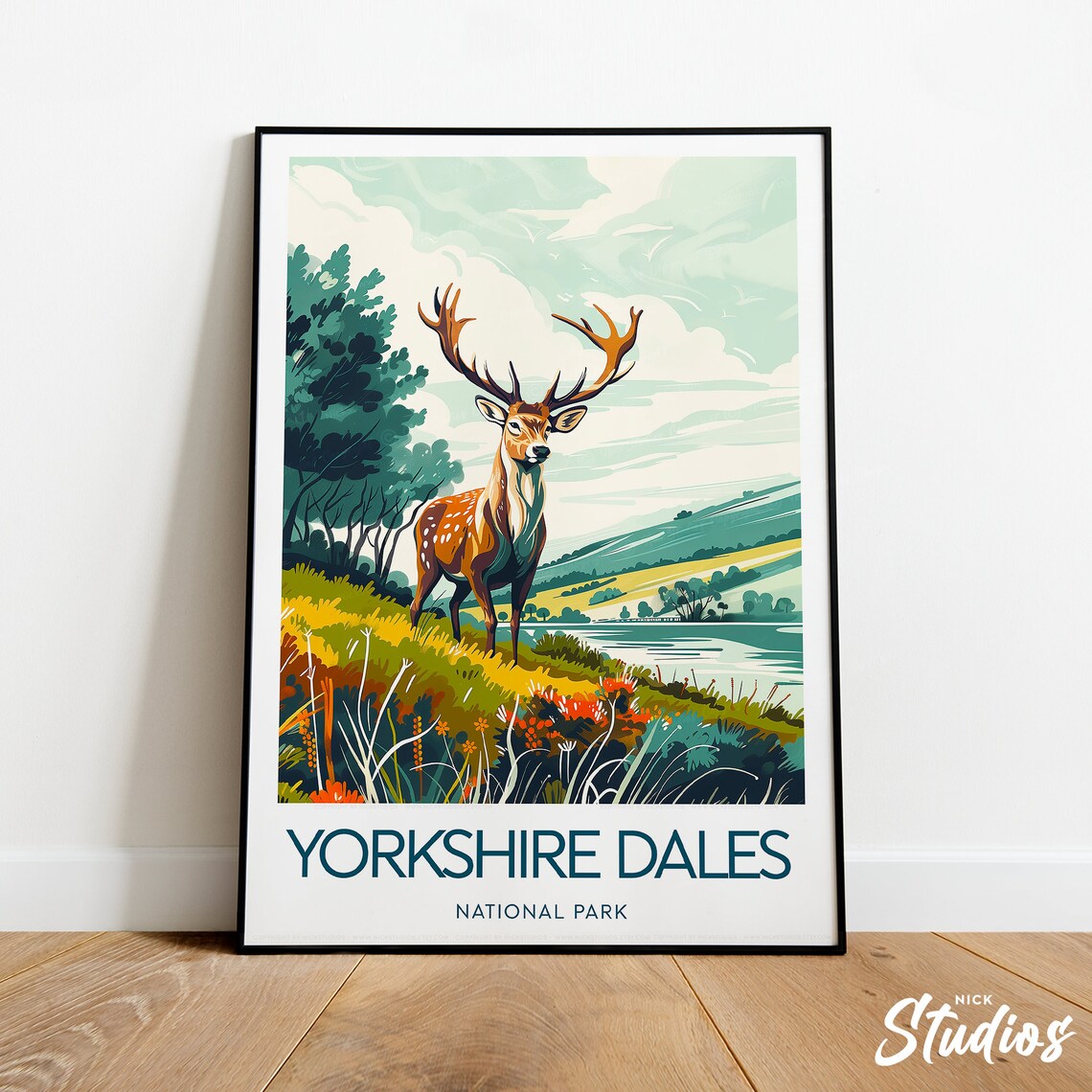 Yorkshire Dales National Park Stag Hillside Lake Wildlife Poster