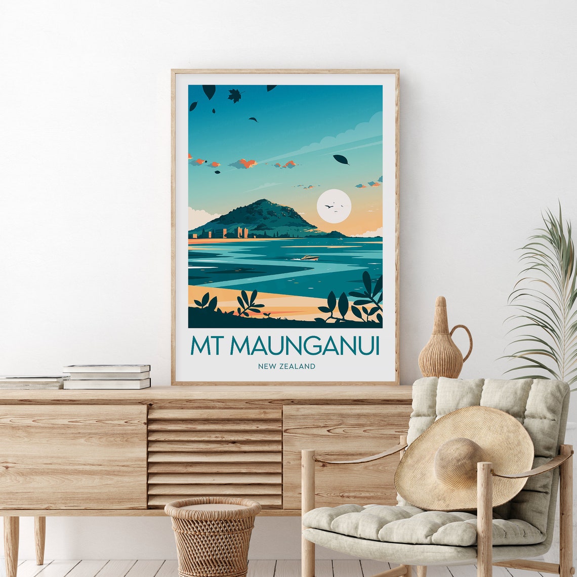Golden Mount Maunganui New Zealand Beach Sunset Surf Scene Poster