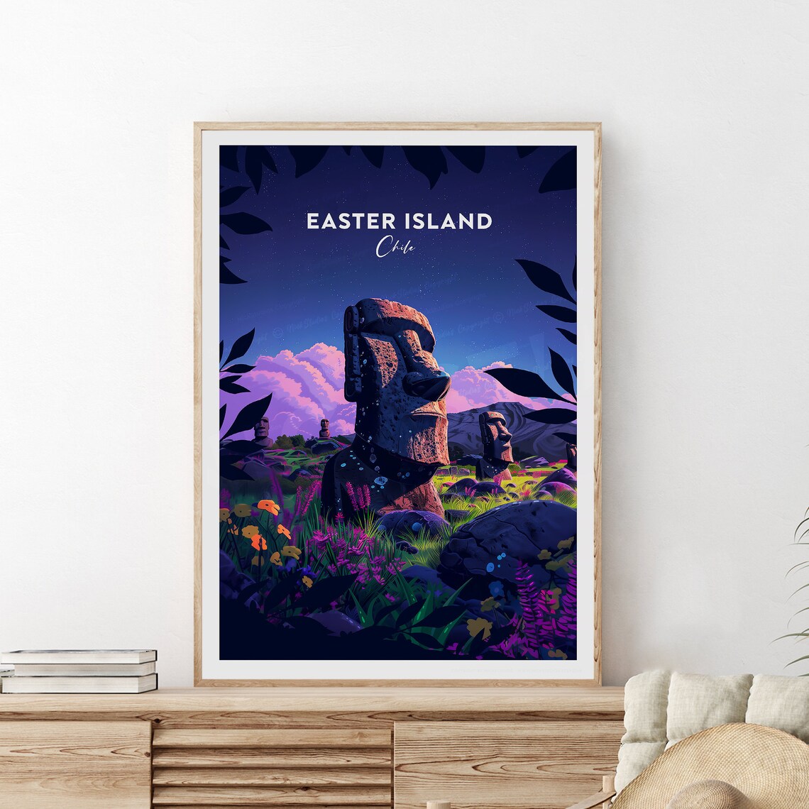 Easter Island Chile Moai Statues Night Sky Flower Field Scenic Travel Poster