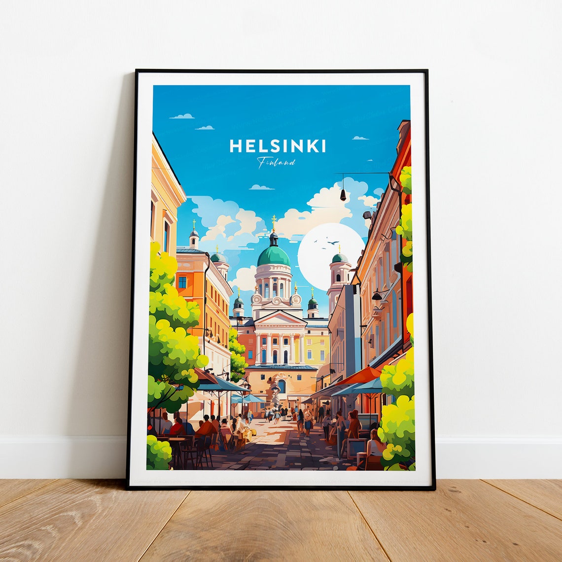 Helsinki Finland White Cathedral Street Bustling Cafes Poster