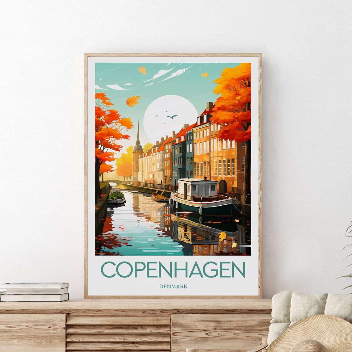 Copenhagen Autumn Canal with Colorful Nyhavn Houses and Boats Poster