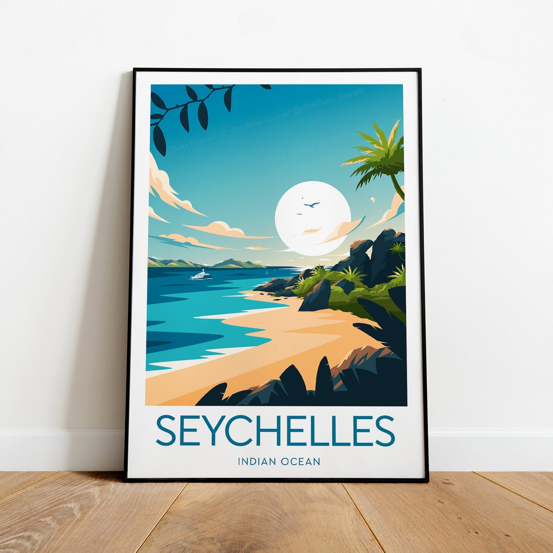 Seychelles Indian Ocean Tropical Beach Moonrise Travel Poster - Image 2
