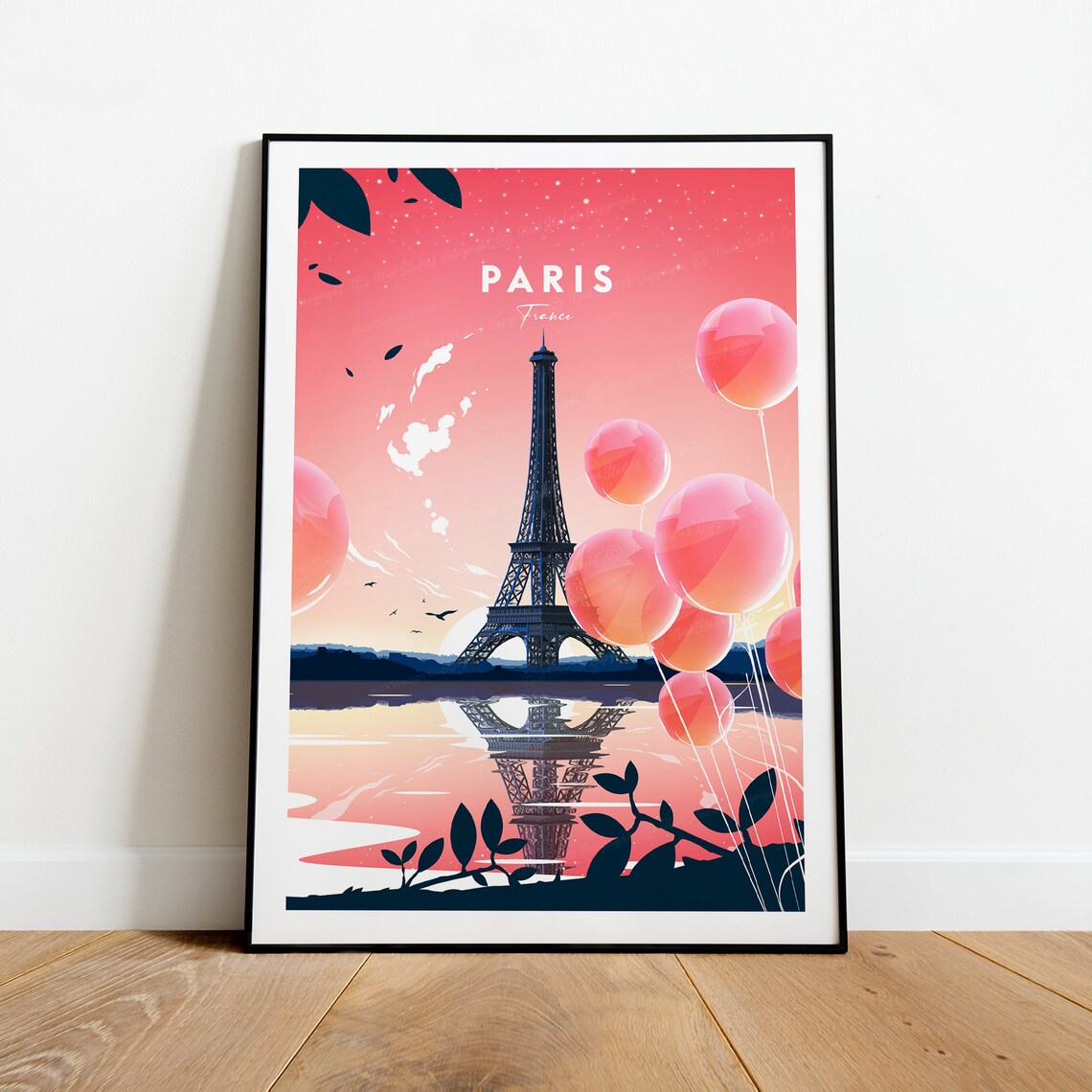 Eiffel Tower Paris Dreamy Pink Sunset Balloons France Travel Poster - Image 2