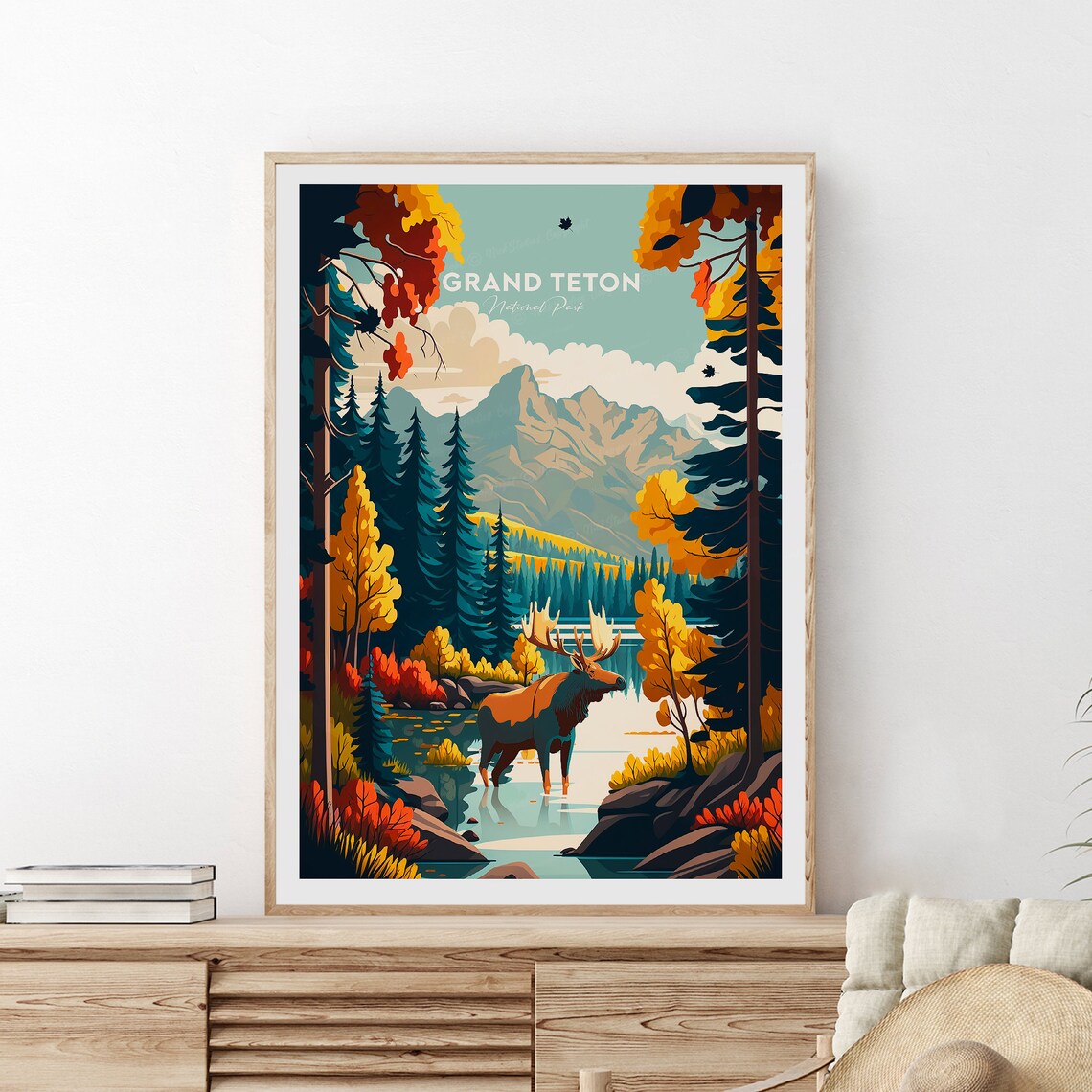 Grand Teton National Park Moose Autumn Mountain Lake Scene Poster - Image 2