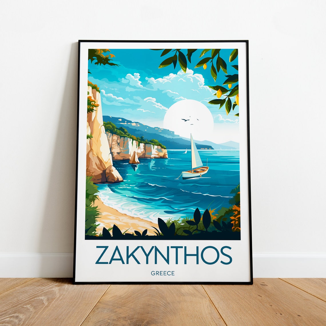 Zakynthos Greece Seaside Cliffs Sailboat Vintage Travel Poster