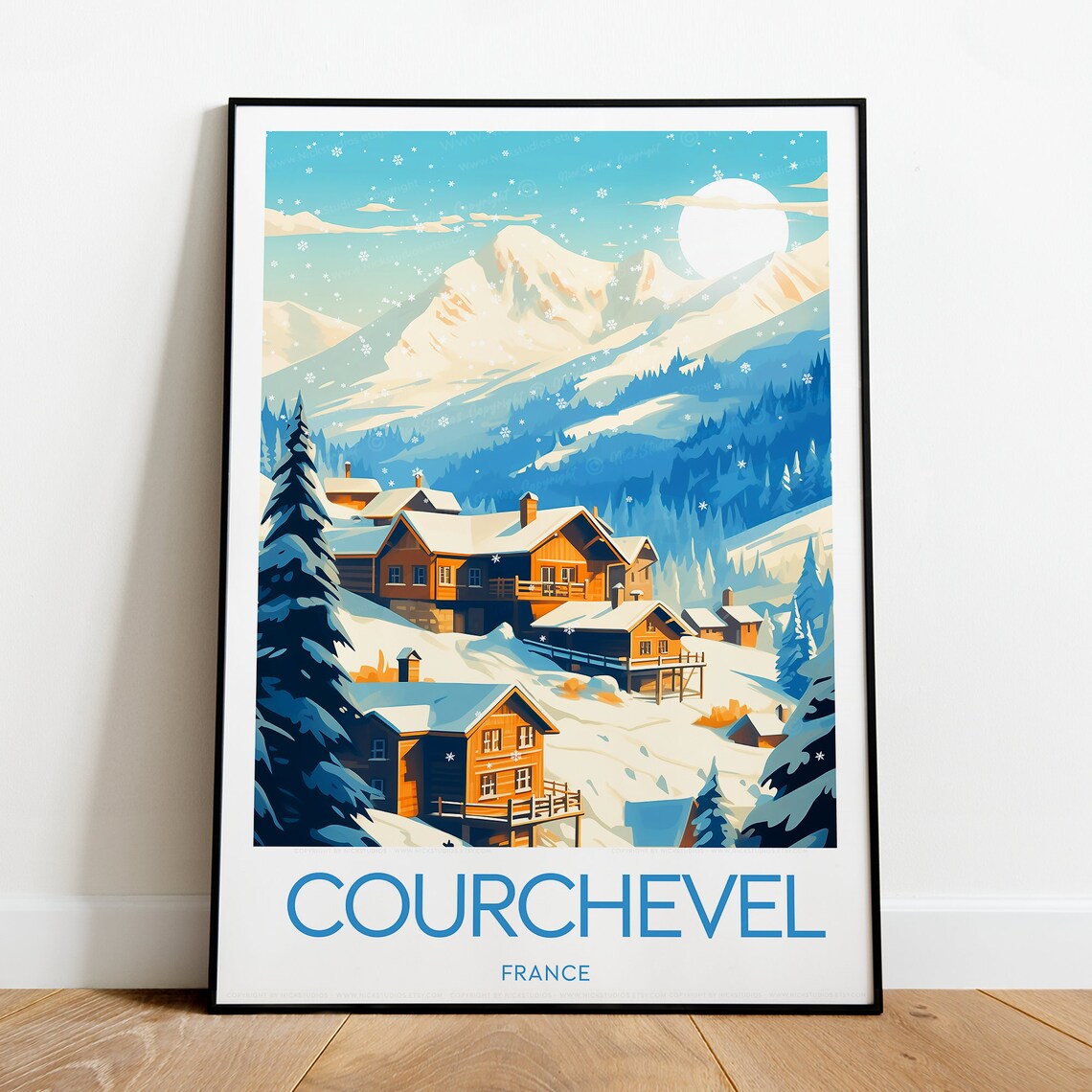 Courchevel French Alps Snowy Village Chalets Mountain Travel Poster - Image 2