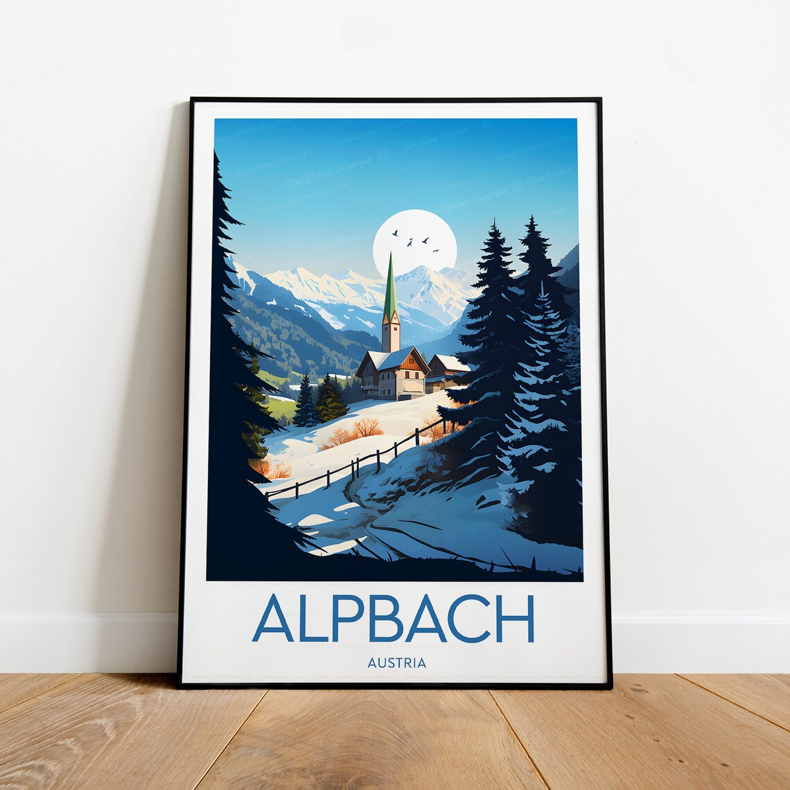 Alpbach Austria Snowy Alpine Village Church Spire Scenic Poster