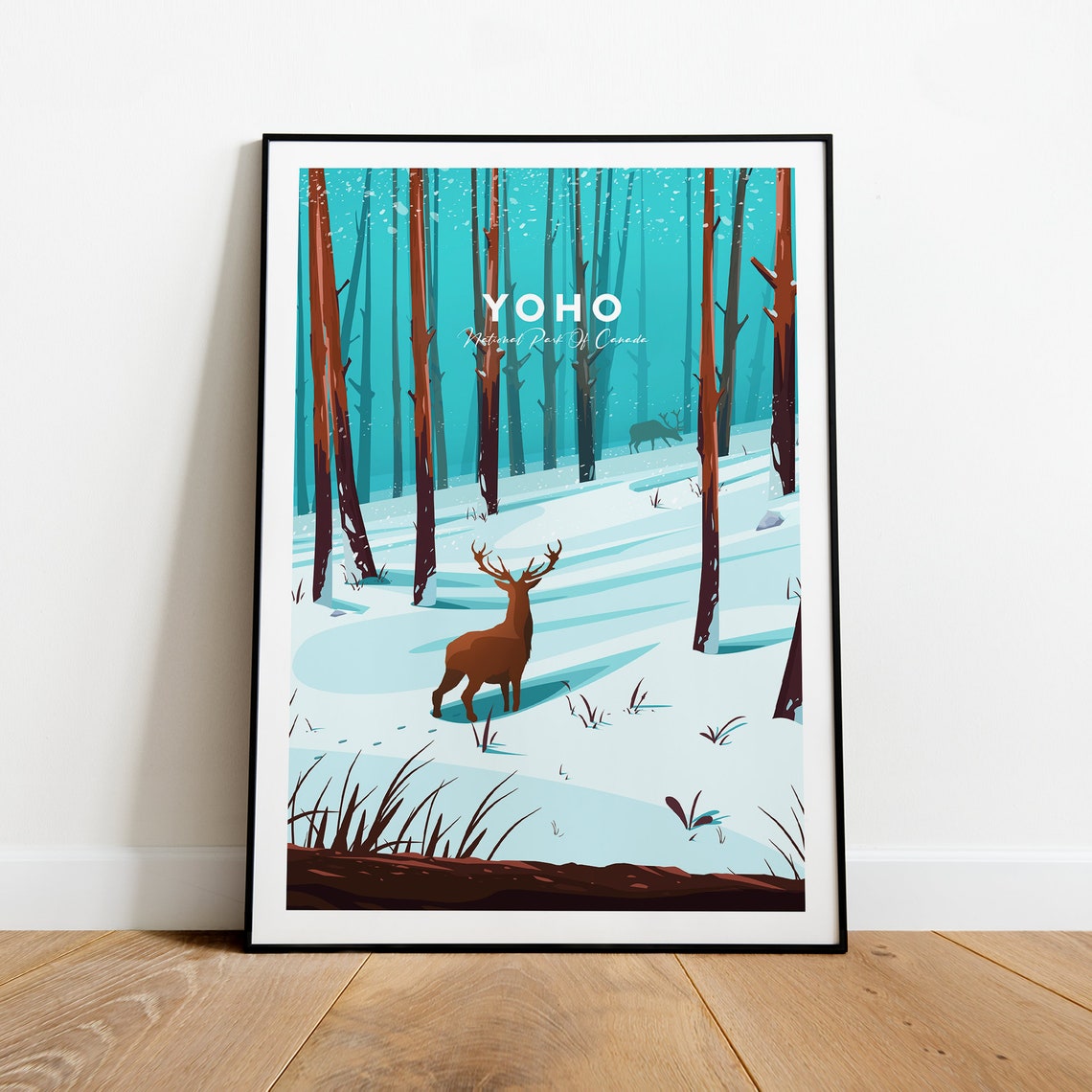 Yoho National Park Canada Winter Forest Stag Snow Scene Poster - Image 2