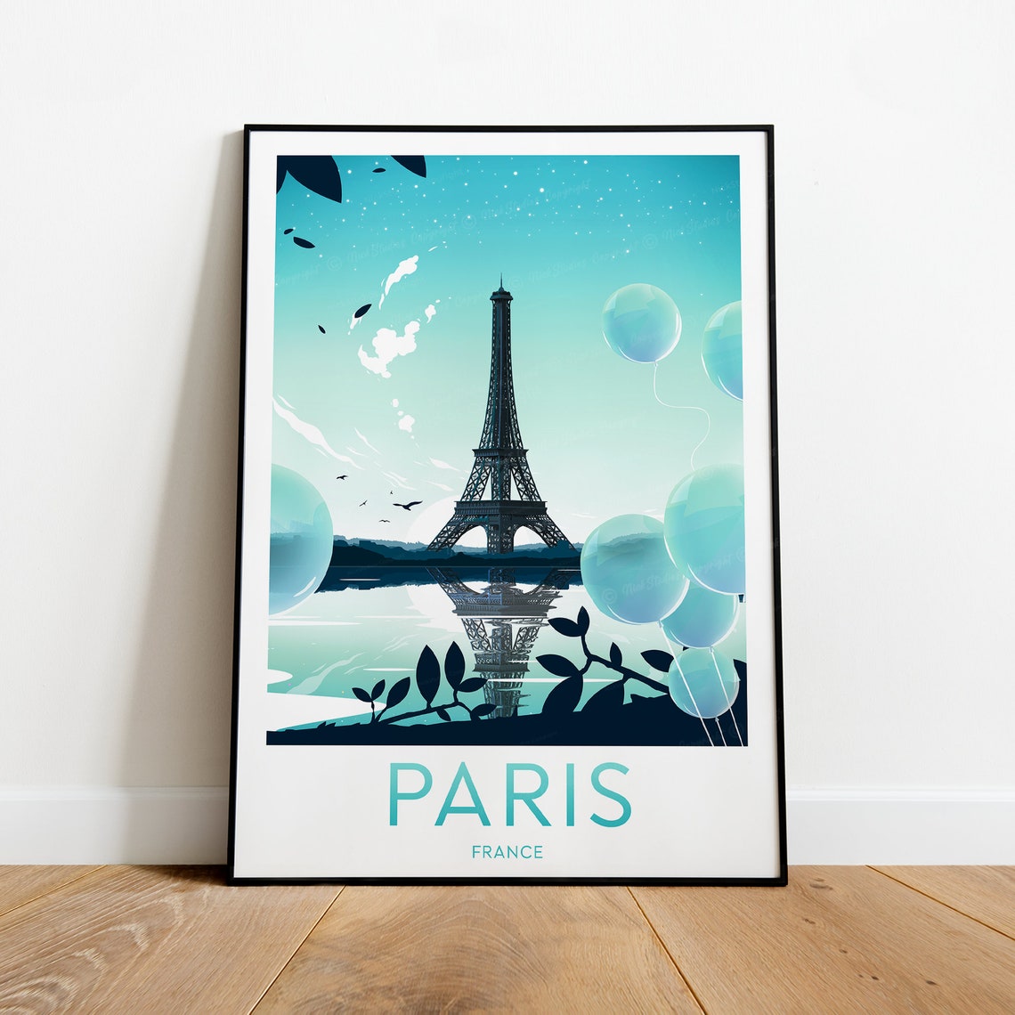 Eiffel Tower Paris Teal Night Skyline Balloons Travel Poster - Image 2