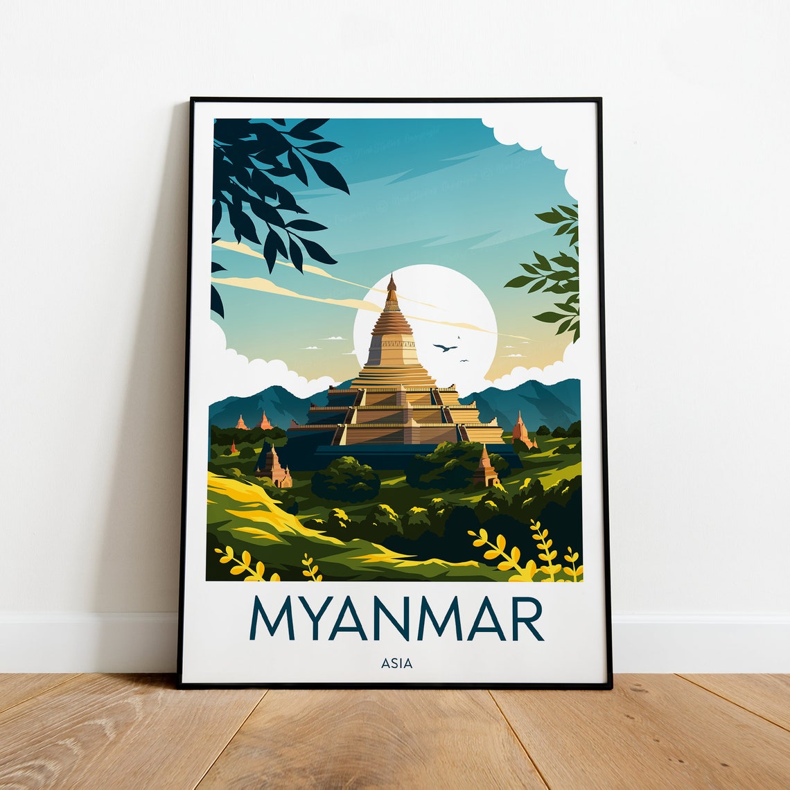 Myanmar Asia Ancient Temple Sunset Golden Stupa Pagoda Poster