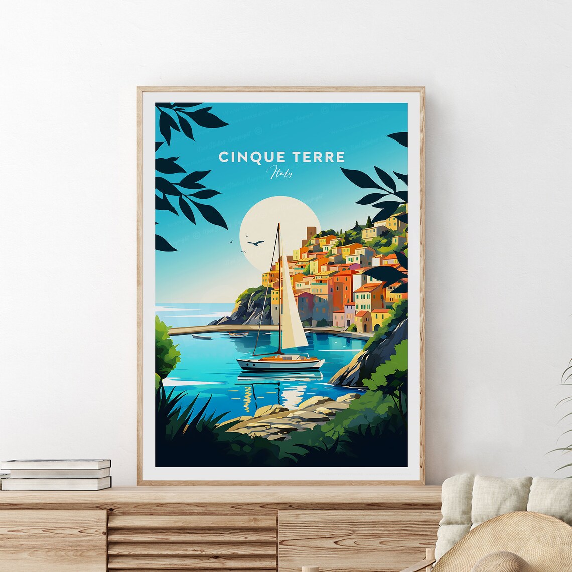 Cinque Terre Italy Colorful Cliffside Village Sailboat Travel Poster