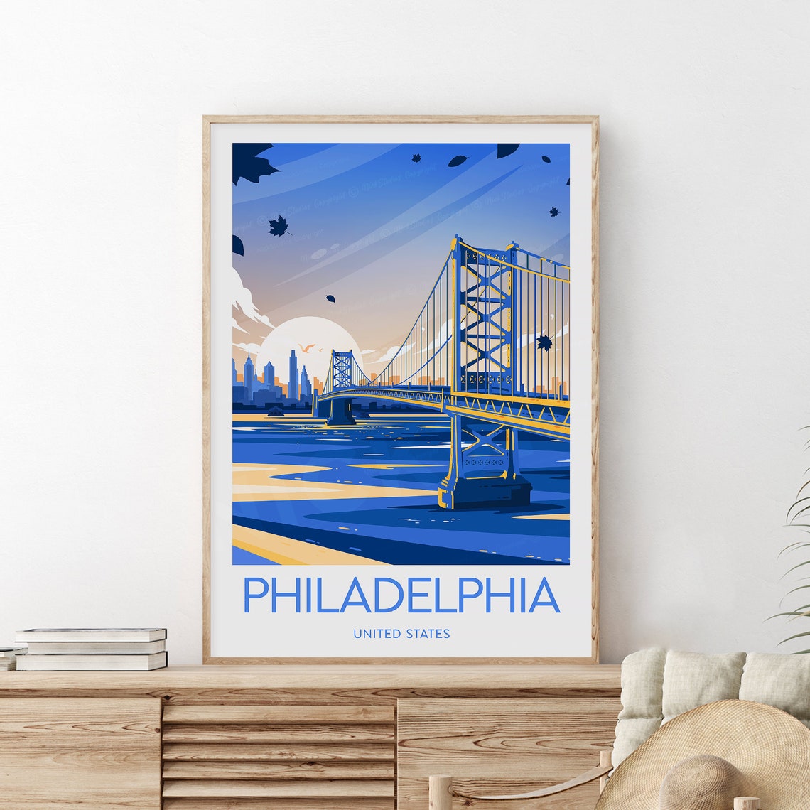 Philadelphia Skyline and Suspension Bridge at Sunset Travel Poster