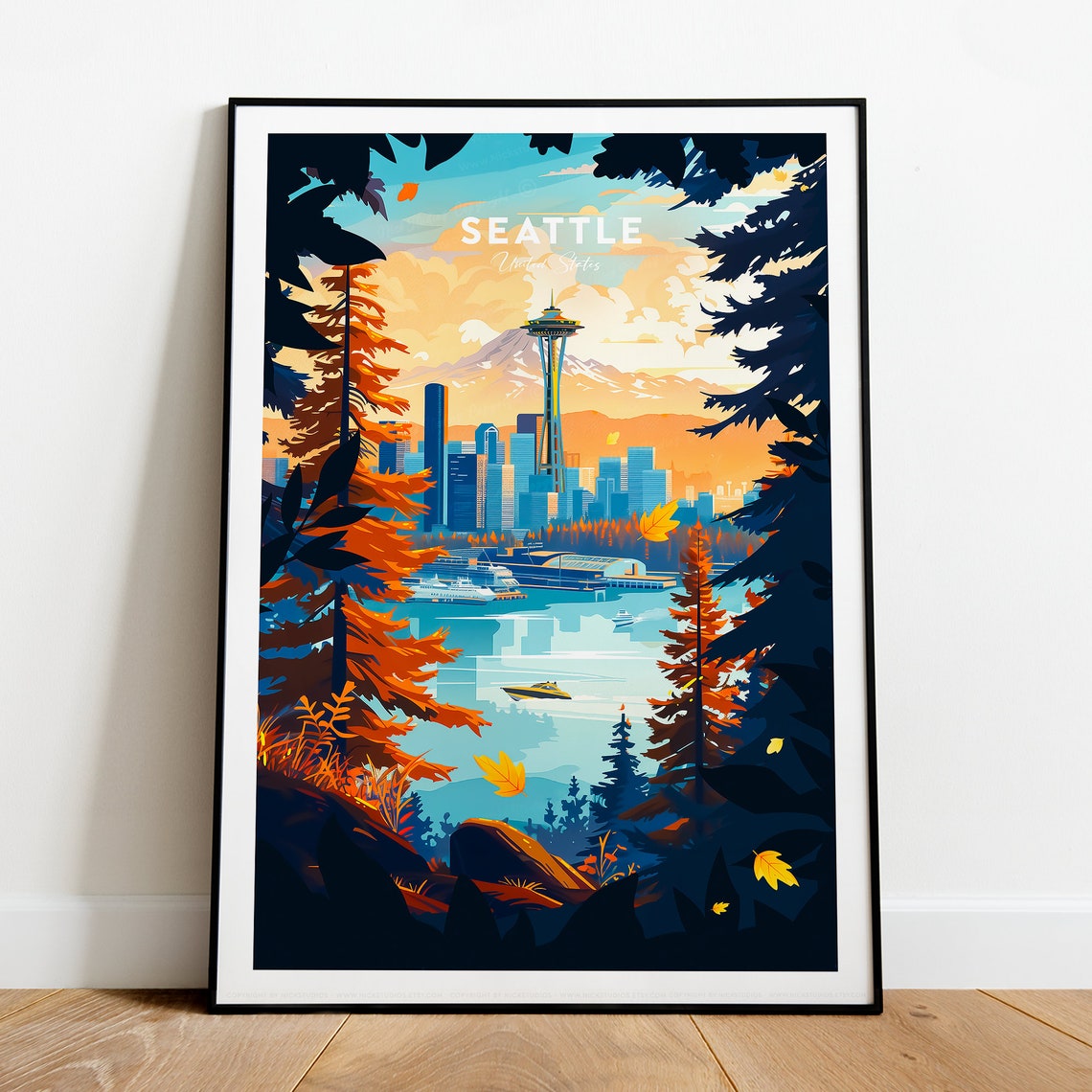 Seattle Washington Space Needle Skyline Framed By Autumn Trees Poster - Image 2