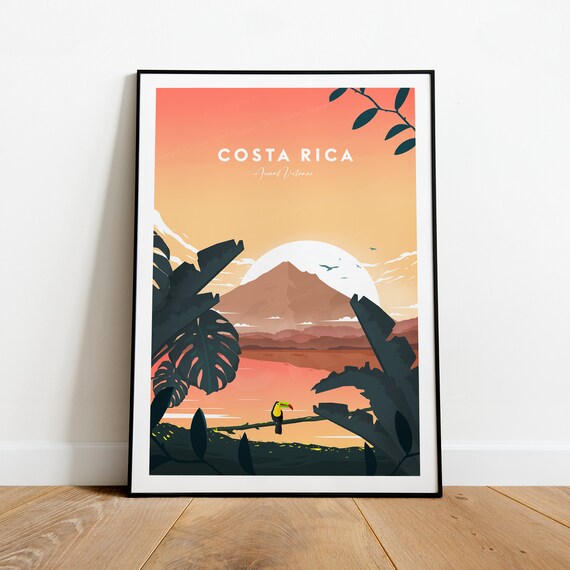 Costa Rica Arenal Volcano Sunset Toucan Tropical Travel Poster