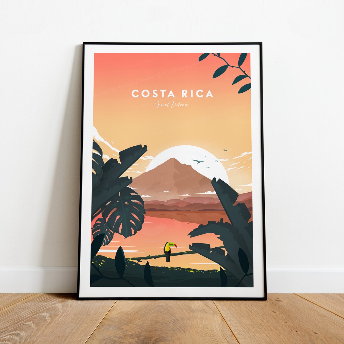 Costa Rica Arenal Volcano Sunset Toucan Tropical Travel Poster
