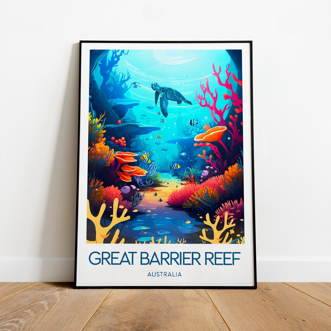 Great Barrier Reef Underwater Sea Turtle Coral Garden Travel Poster
