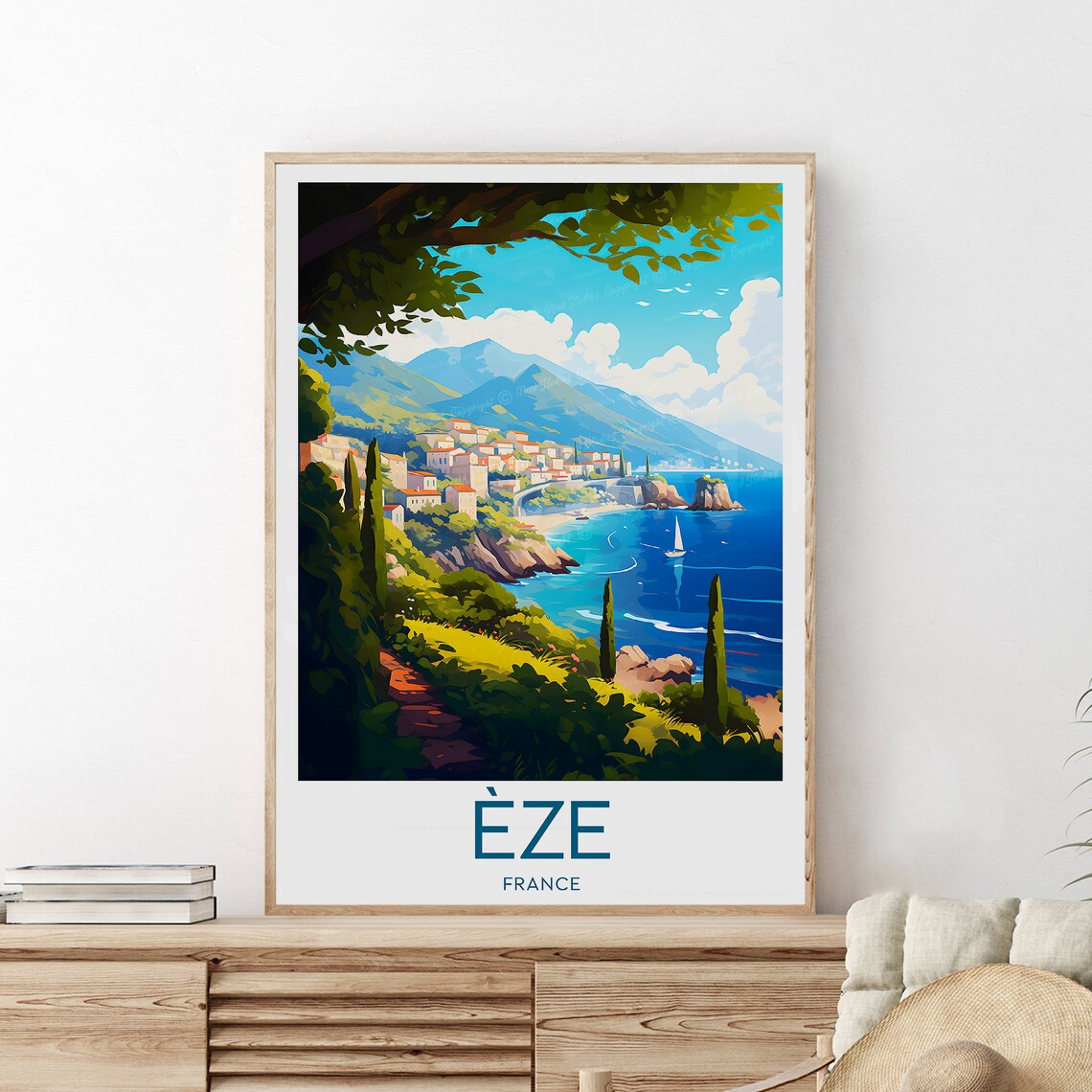 Eze France Coastal Village Cypress Trees Sailboat Sea Travel Poster