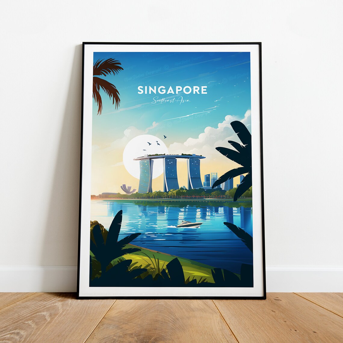Singapore Marina Bay Sands Sunset Skyline Vintage Travel Poster