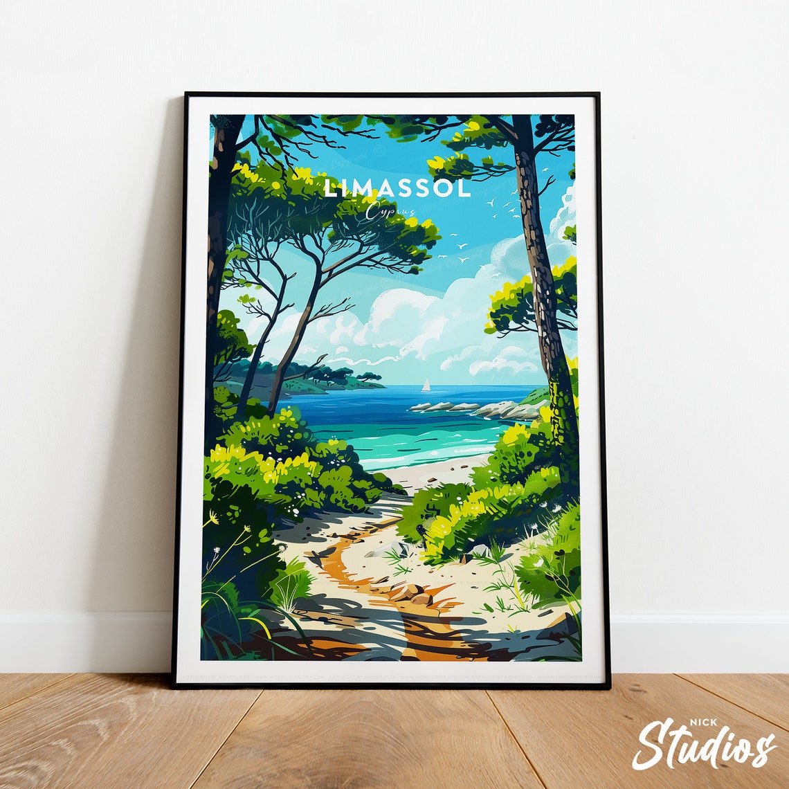 Limassol Cyprus Traditional Travel Poster Pine Framed Coastal Cove