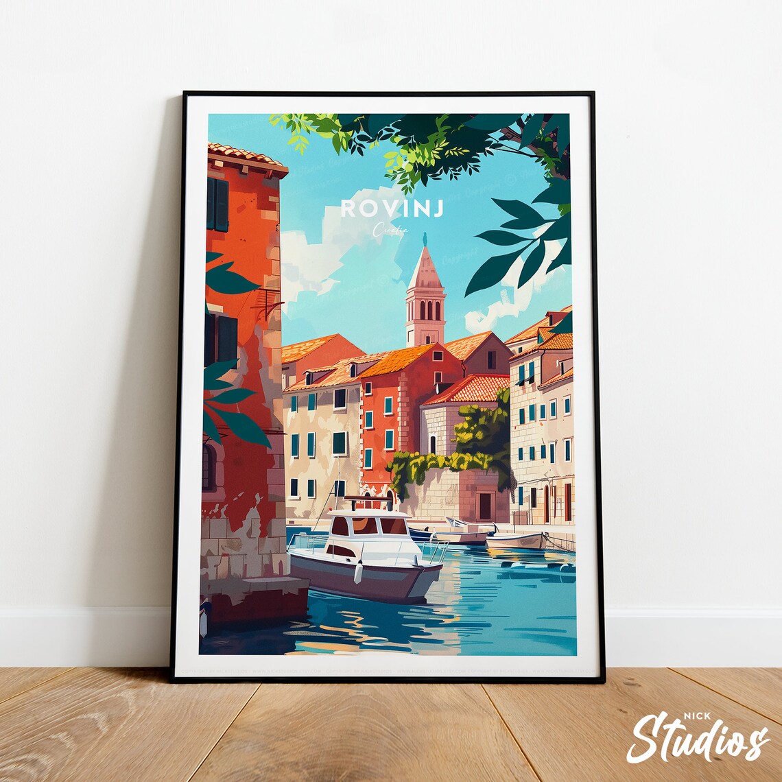 Rovinj Croatia Old Town Harbor Church Bell Tower Vintage Travel Poster