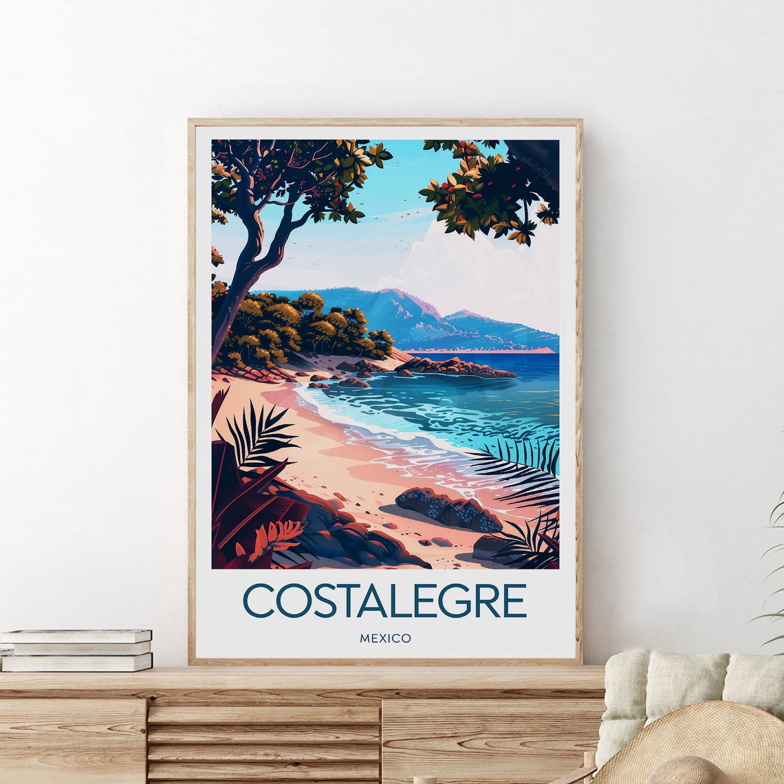 Costalegre Mexico Tropical Beach Palm Cove Sunset Travel Poster