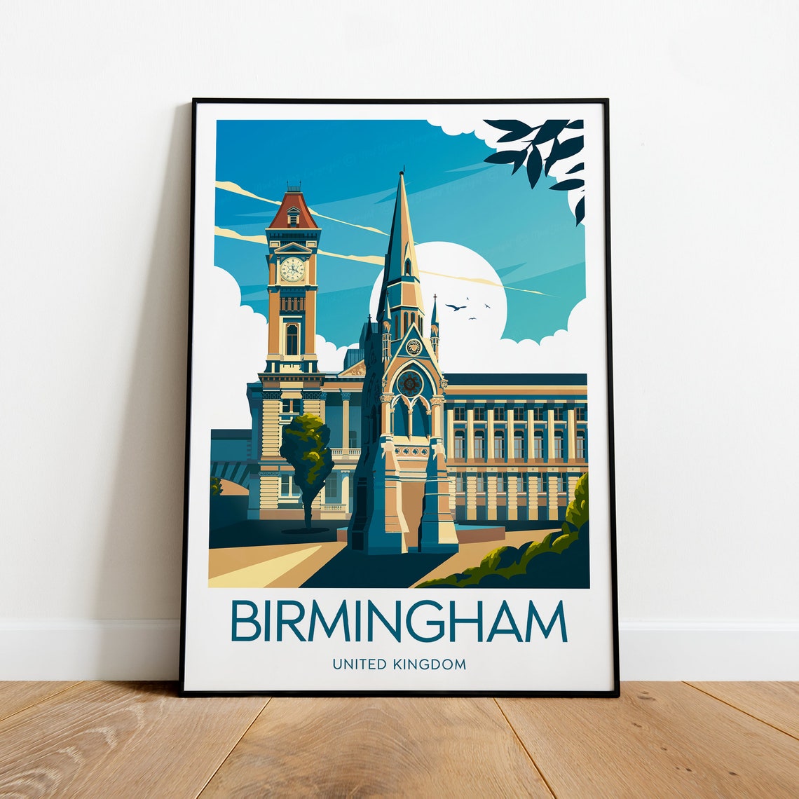 Birmingham UK Clock Tower and Church Spire Blue Sky Travel Poster
