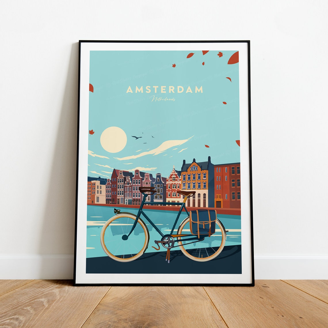 Amsterdam Netherlands Canal Bicycle Gables Sunny Day Travel Poster