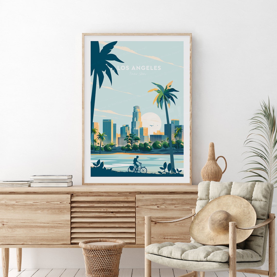 Los Angeles California Downtown Skyline Palm Trees Sunset Poster