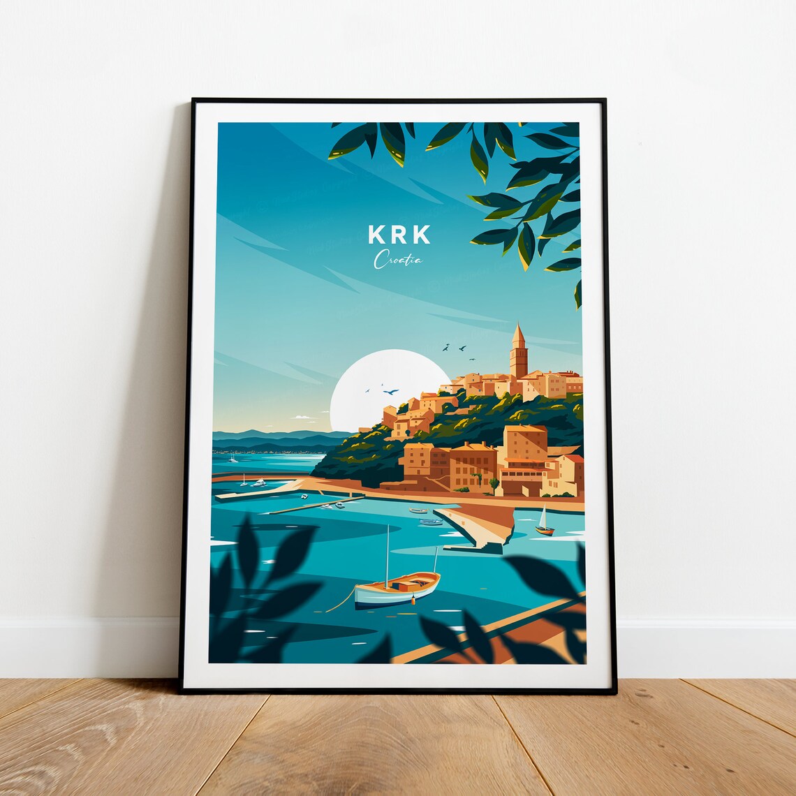 Krk Croatia Old Town Marina Golden Sunset Adriatic Travel Poster