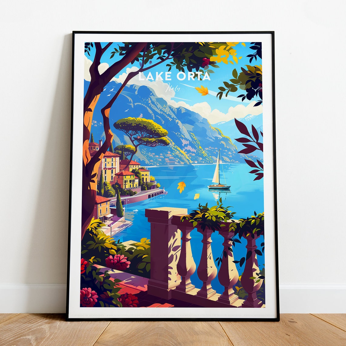 Lake Orta Italy Balcony View With Sailboat and Mountains Poster