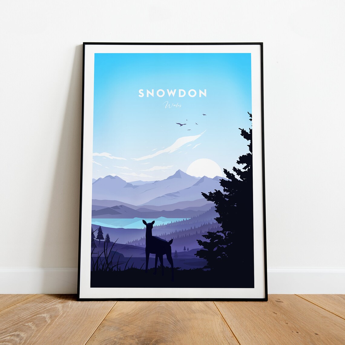 Snowdon Wales Purple Peak Lake Deer Silhouette Travel Poster