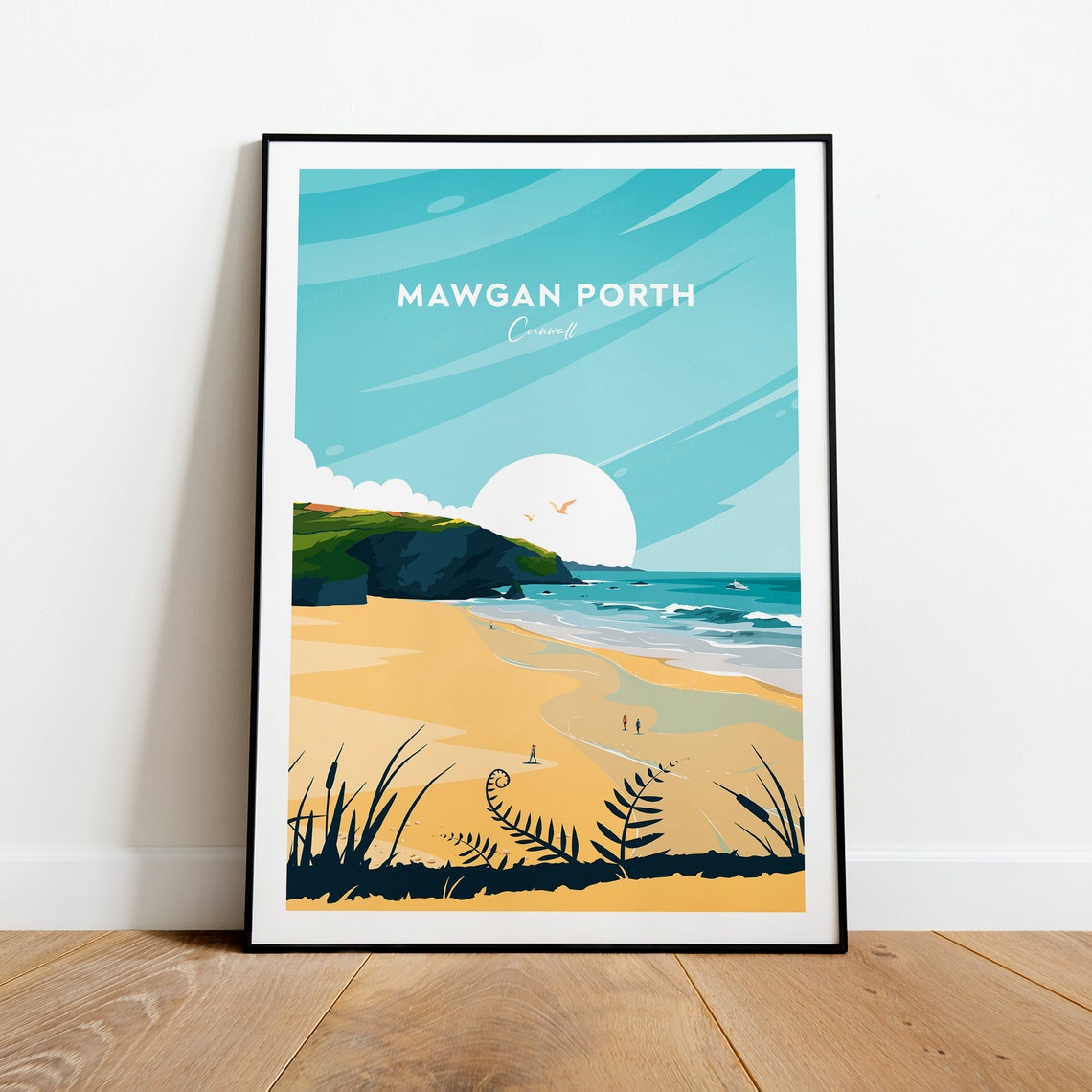 Mawgan Porth Cornwall Sandy Beach and Rocky Cliffs Travel Poster