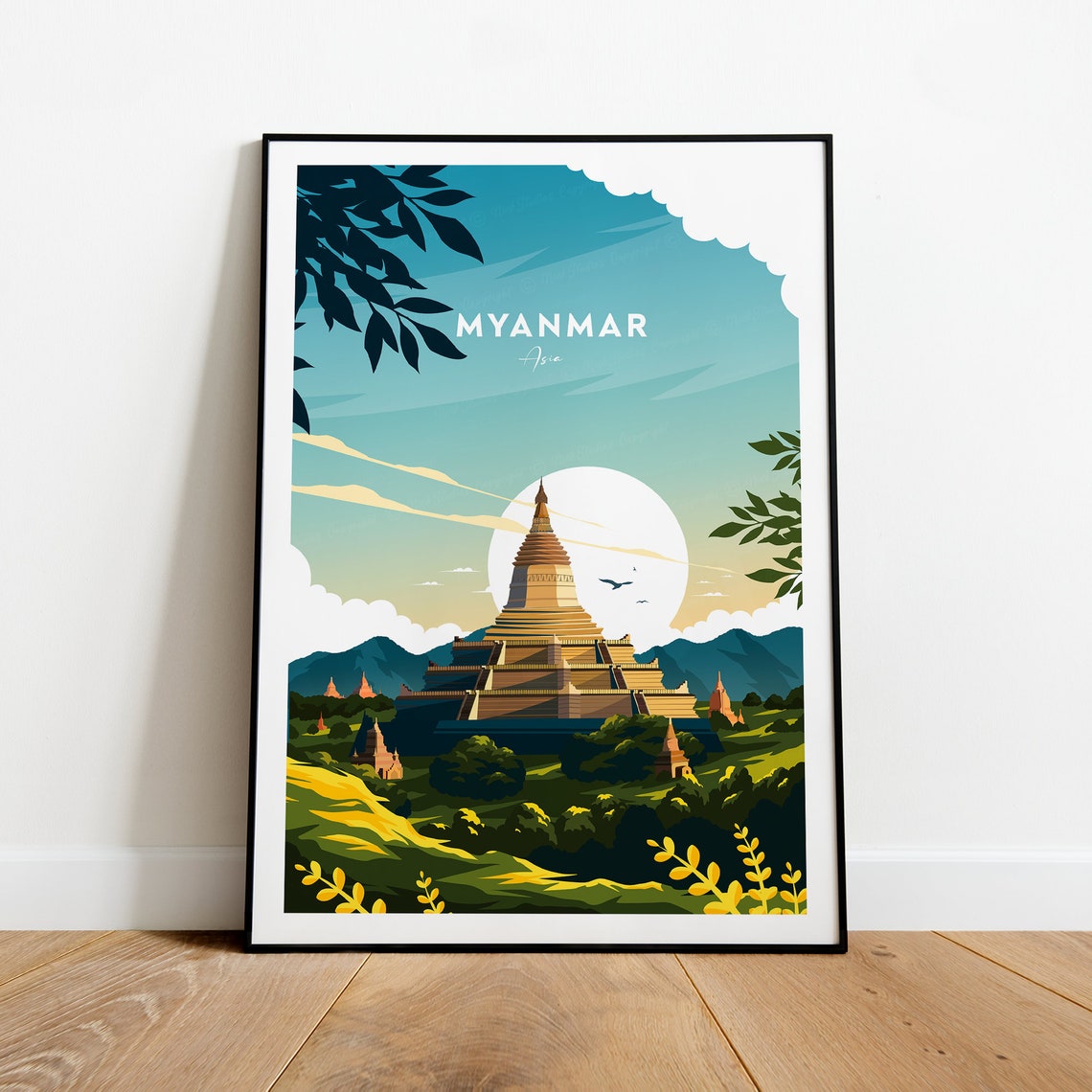 Myanmar Bagan Golden Temple Stupa and Sunset Silhouettes Poster - Image 2