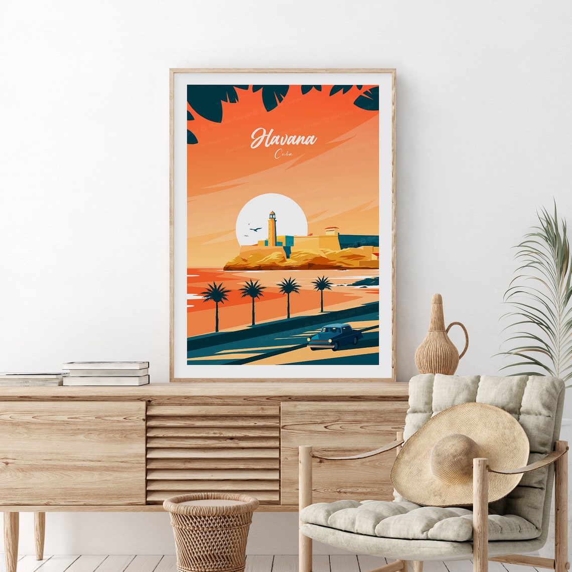 Havana Cuba Sunset El Morro Lighthouse Palms Classic Car Travel Poster