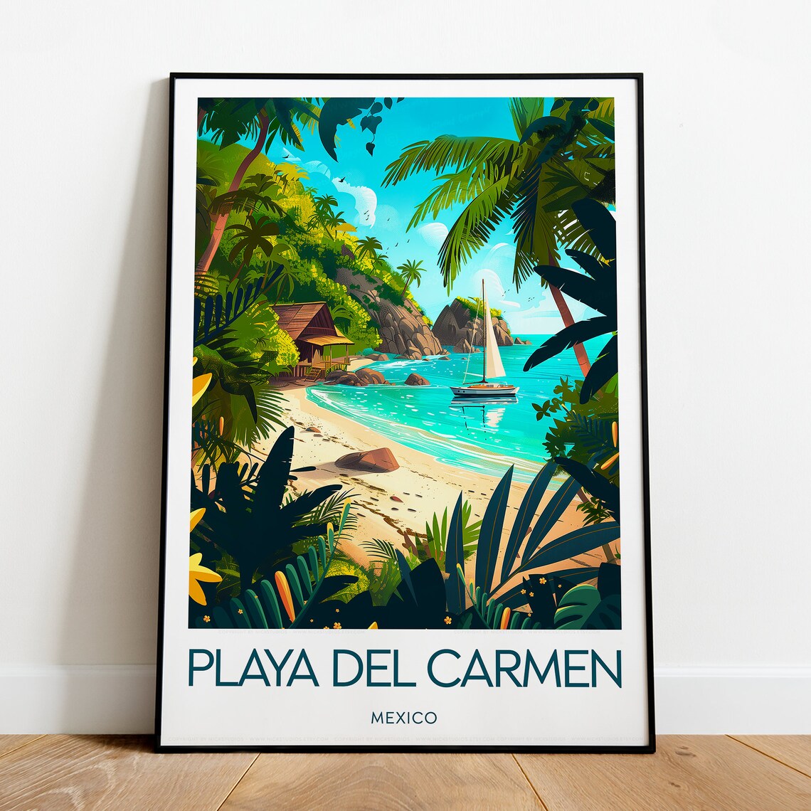 Playa del Carmen Mexico Tropical Beach Sailboat Vintage Travel Poster - Image 2