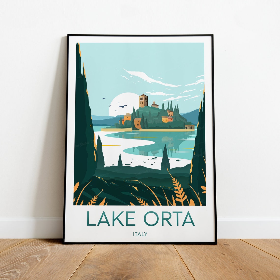 Lake Orta Italy Island Bell Tower Cypress Lined Travel Poster