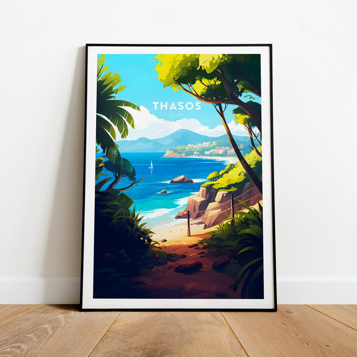 Thasos Secluded Cove Viewed through Palm Trees Greece Poster