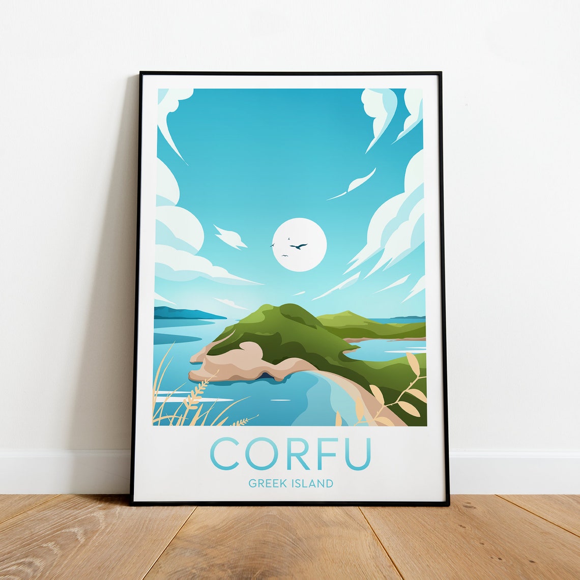 Corfu Greek Island Moonrise Over Blue Coastline Travel Poster - Image 2