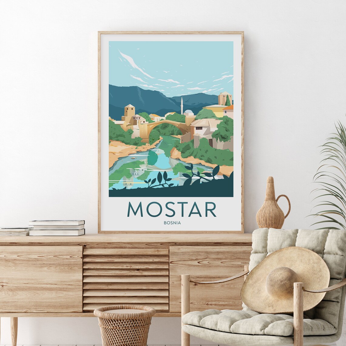 Mostar Bosnia Herzegovina Old Bridge River Valley Travel Poster