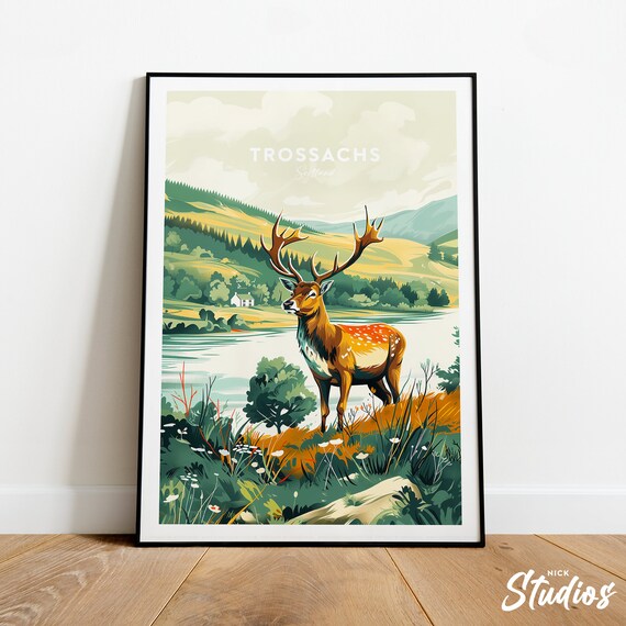 Wild Trossachs Scotland Traditional Stag Loch Travel Poster Art