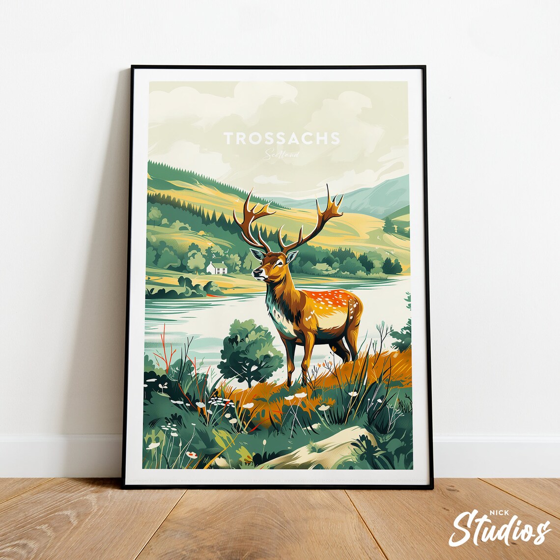 Wild Trossachs Scotland Traditional Stag Loch Travel Poster Art