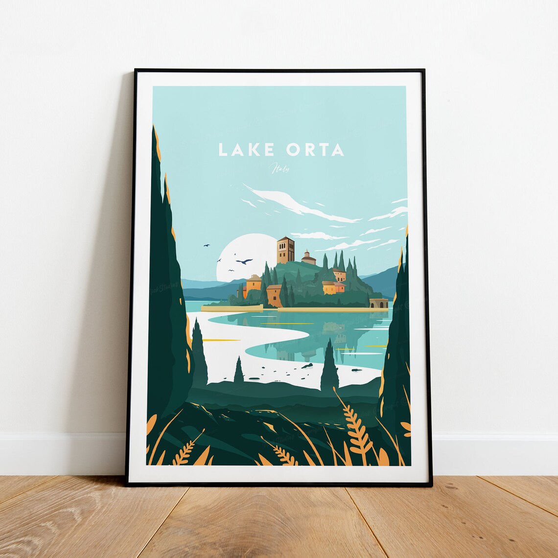 Lake Orta Italy Island Church Cypress Moonlit Water Travel Poster - Image 2