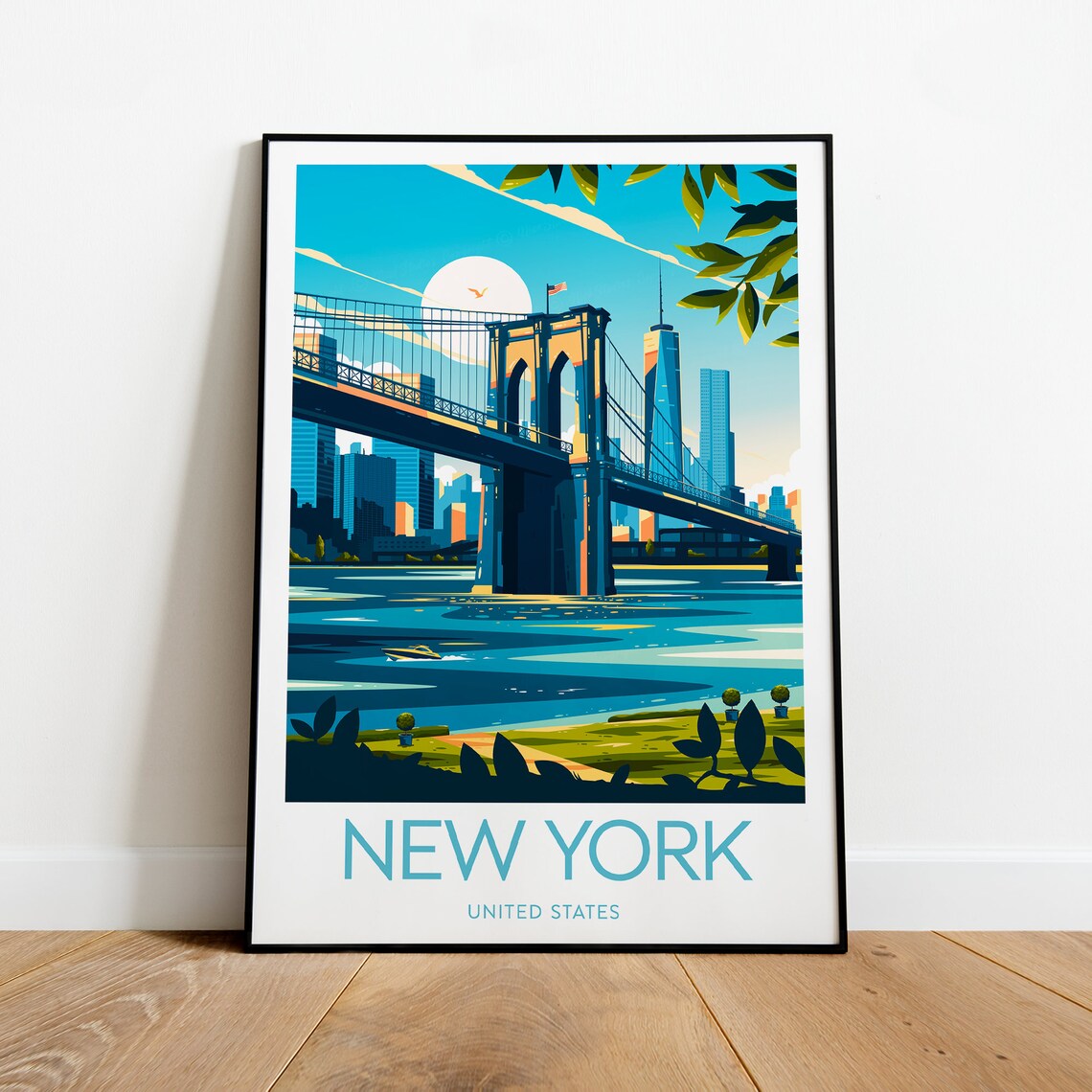 New York City Brooklyn Bridge Manhattan Skyline Morning Travel Poster - Image 2