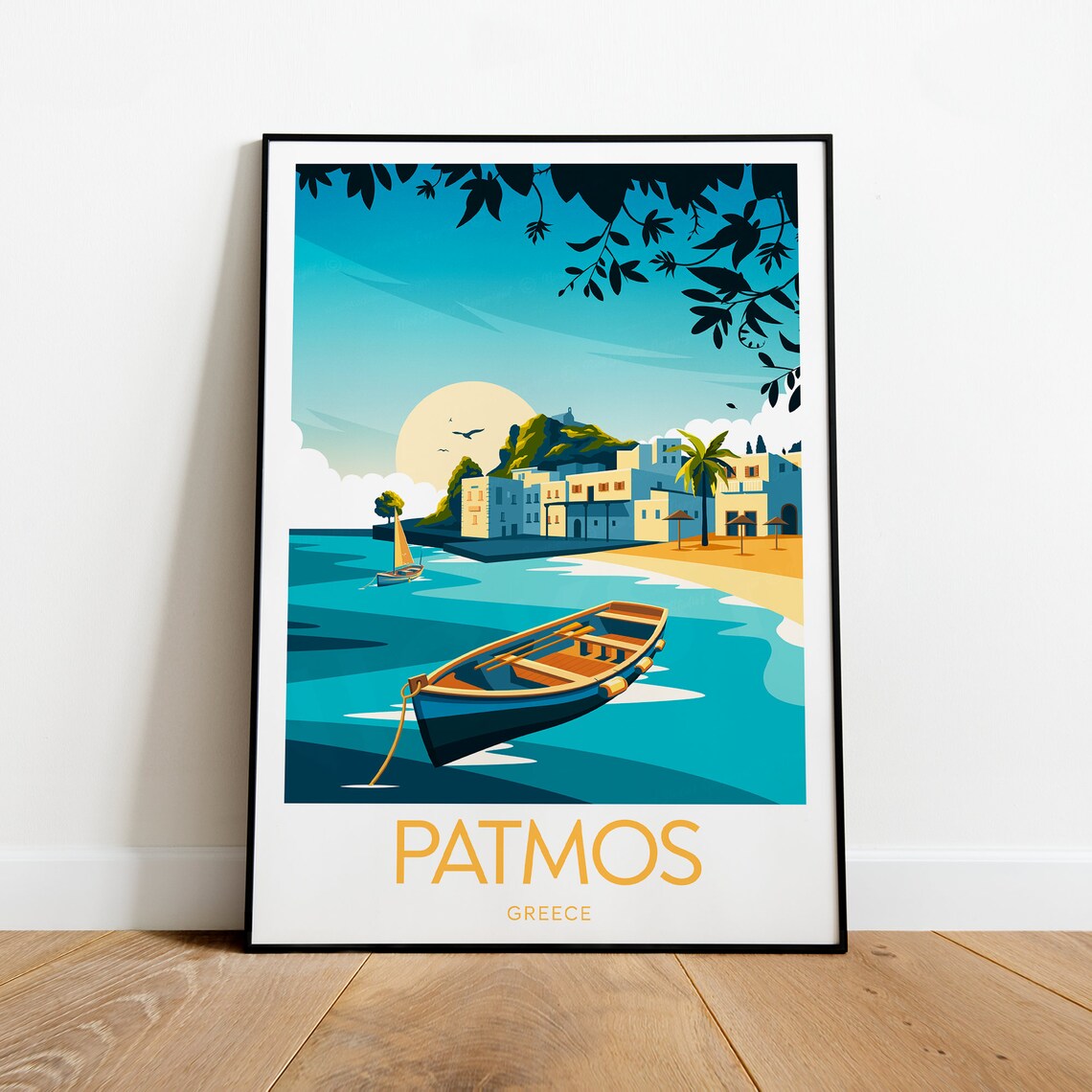 Patmos Greece Turquoise Harbour Wooden Rowboat Island Wall Art
