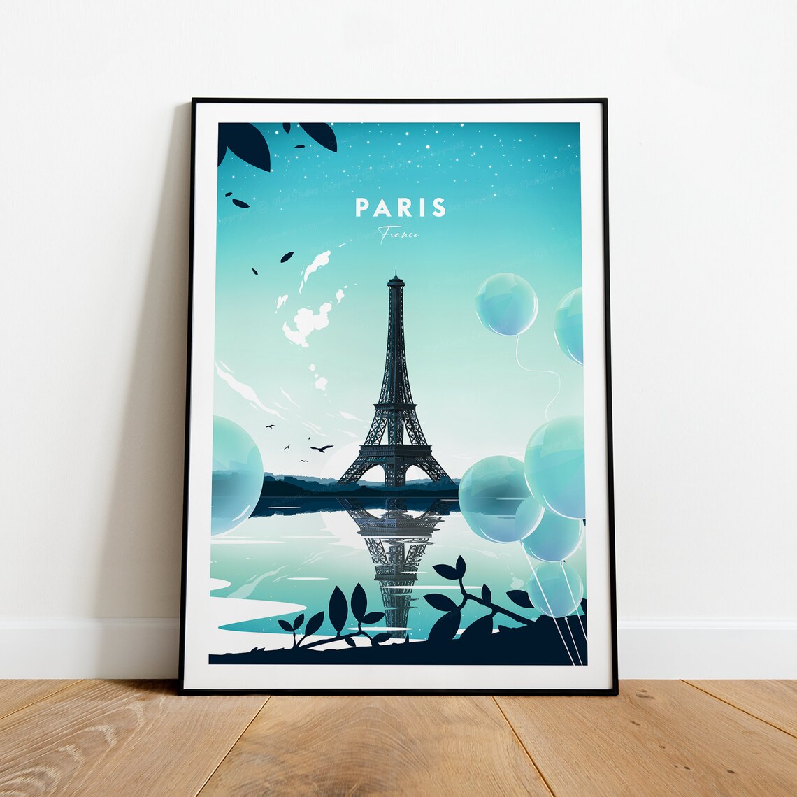 Paris France Eiffel Tower Balloons Reflection Teal Art Poster - Image 2